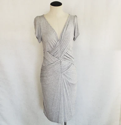 BCBGirls Bodycon Dress Size M Gray Crisscross Ruched w/ Shimmery Printed Pattern - Image 1 of 4