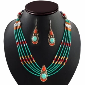 Türkis, Koralle Edelstein Tibeten 925 Silber Halskette Ohrring Schmuck Set 18 Inc - Bild 1 von 5