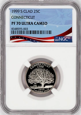 1999-S Proof State Quarter, Connecticut,  PF70 Ultra Cameo NGC, Patriotic Label - Image 1 of 4