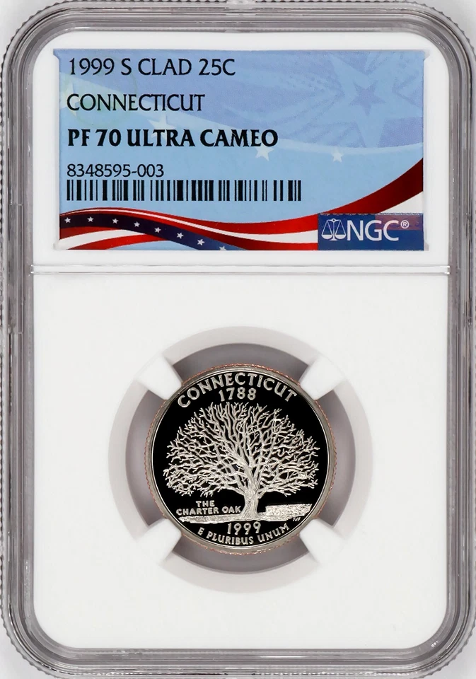 1999-S Proof State Quarter, Connecticut,  PF70 Ultra Cameo NGC, Patriotic Label - Image 1 of 4
