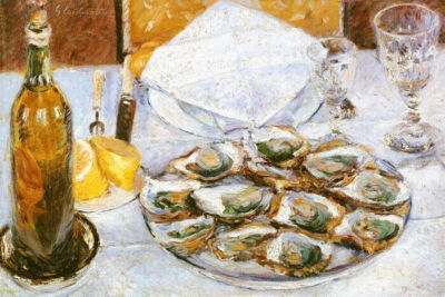 STILL LIFE WITH OYSTERS SEAFOOD LEMON FRENCH 1880 PAINTING BY CAILLEBOTTE REPRO  - Image 1 of 3