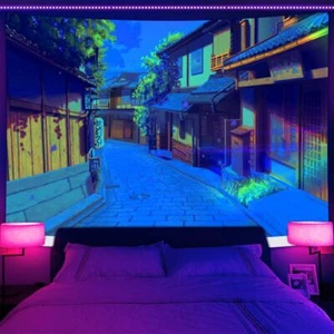 Town Japan Anime Wall Art Blacklight Poster UV Reactive Tapestry Wall Hanging - Picture 1 of 6