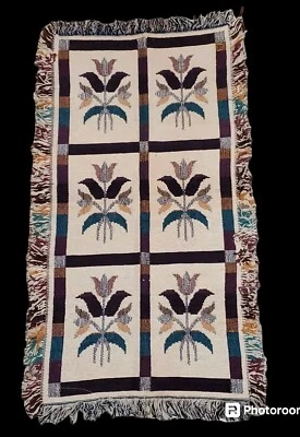 Jacquard Rug 20" X 40" Handwoven Cotton Floral w Fringe Made in India - Image 1 of 4