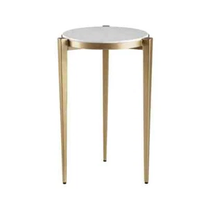 Billie 15 In. Round Tri-Leg Genuine Marble Top Accent End Table, White and Gold - Picture 1 of 6