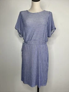 MODCLOTH Dress Size Large Blue White Striped Short Sleeve Tie Belt USA L - Picture 1 of 12