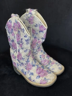 Old West White Multi Children Girls Faux Leather Floral Cowboy Boots 10D - Image 1 of 4