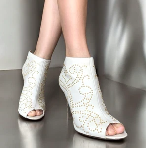 SERGIO ROSSI White Leather Gold Studded Peep Toe Zipper Ankle Boots, Size 36 - Picture 1 of 15