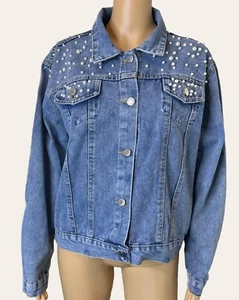 Women Denim Jackets Medium Blue White Mid Length Decorated With Pearls Collared - Picture 1 of 24