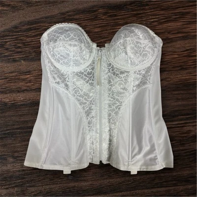 Vintage White Lace Boned Corset 38B Made Marlene Zip And Hook Front Soft Cups - Image 1 of 4