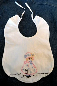 Vintage Baby Girl Bib Hand Stitched Embroidered Girl with Bonnet Cottage Country - Picture 1 of 6