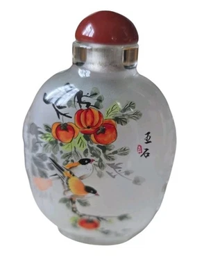 Chinese Inside Painted Glass Snuff Bottle Birds Flowers With Case  - Image 1 of 4