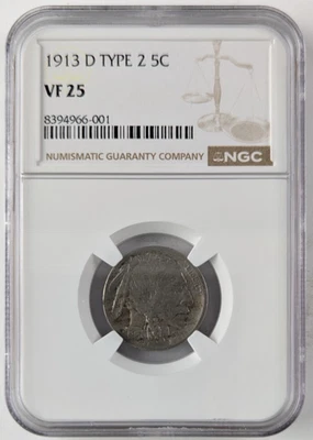 1913-D American Buffalo Nickel 5c Type 2 T2 NGC VF25 Slight Die Rotation - Image 1 of 4