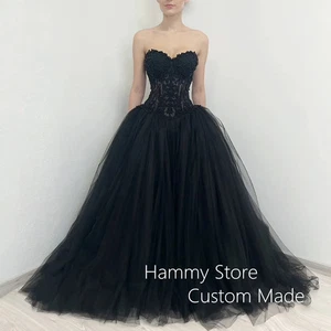 Gothic Wedding Dress Sweetheart Applique Ball Gown Bride Dresses Mariee Black  - Picture 1 of 7