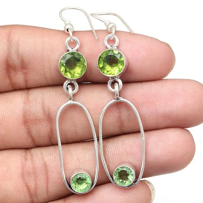 Peridot Quartz Gemstone Handmade Silver Jewelry Earrings 1.5'' - Image 1 of 4