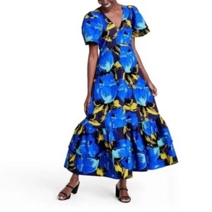 Nuevo con etiquetas Maxi Vestido Christopher John Rogers Azul Floral Manga Abullonada Talla 6 - Imagen 1 de 10