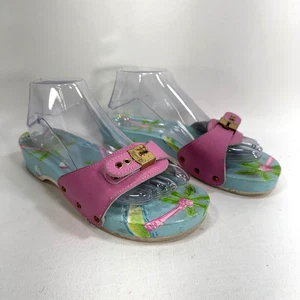 Vintage Dr. Scholls Wooden Sandals Hand Painted Palm Trees Women's Size 8 - Picture 1 of 12