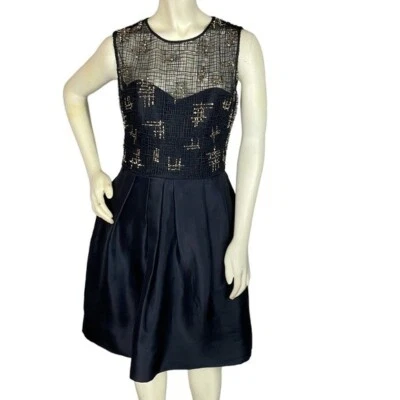 Lela Rose Black Silk Pleated Sweetheart Dress Netted Sequin Bodice Overlay Sz 6 - Image 1 of 4