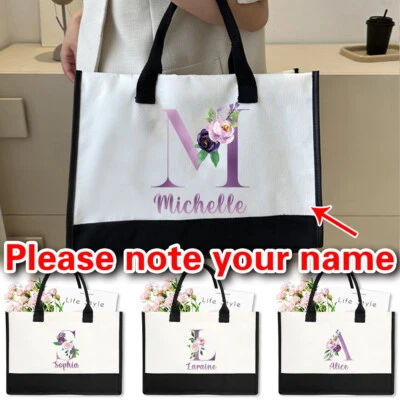 Personalised Name Shopping Tote Bag Linen Woven Handbag Women Shoulder Bag Gift - Image 1 of 4
