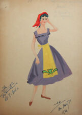 1961 Watercolor painting girl costume design signed