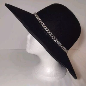 Neu Damen Fedora Hut breite Krempe schwarz mit silberfarbenem Kettenband - Bild 1 von 7
