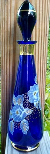 Unbranded NM Decanter & Blown Glass Stopper Cobalt Blue Floral Motif Gold Trims - Picture 1 of 7