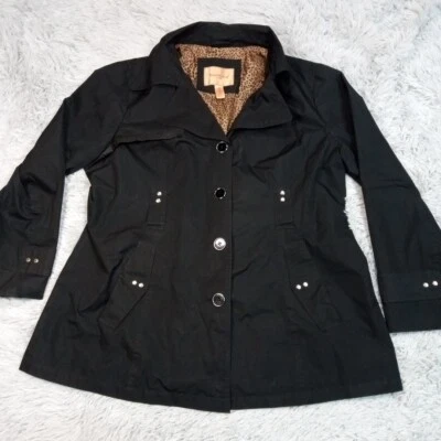 NorthCrest 经典女式夹克黑色 XL 纽扣外套猎豹印花衬里 — 第 1/4 张图片