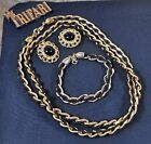 VTG TRIFARI Black Seed Bead Gold-Tone Chain Necklace Bracelet  Cabochon Earrings