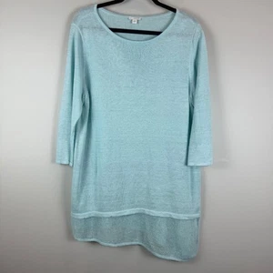 Pure J Jill Top Women Sz L Blue Linen Blend Open Knit Asymmetrical Coastal Beach - Picture 1 of 8