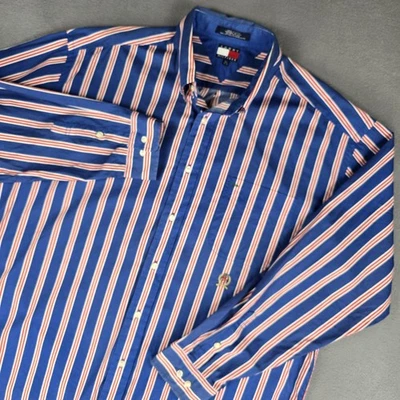 Tommy Hilfiger Shirt Mens XL Blue Red White Striped Crest Oxford Button Down - Image 1 of 4
