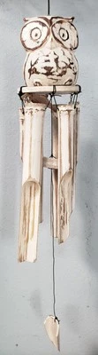 BAMBOO WIND CHIMES, (OWL), Handcrafted WHITE Wash, Wood, 17", Bali - Image 1 of 3