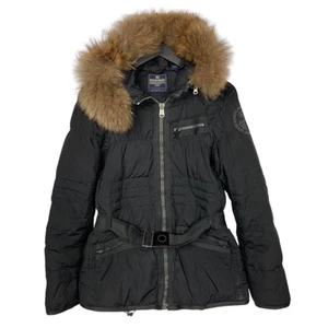Napapijri Duck Down Puffer Coat Jacket Racoon Fur Collar Black Womens Medium - Picture 1 of 12