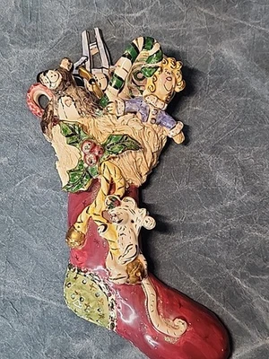 Pottery Christmas Stocking Wall Hanging Sculpture  Blue Sky Heather Goldmine - Image 1 of 4