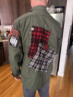 “PUNK” Military Jacket Men’s Large Black Flag & Flannel Patches Safety Pins - Image 1 of 4