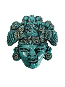 Vintage Aztec Mayan God Malachite Face Wall Plaque, Crushed Green Malachite - Picture 1 of 5