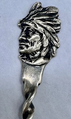 CUCHARA DE RECUERDO JEFE NATIVO INDIO AMERICANO DEMITASSE DE PLATA ESTERLINA DE COLECCIÓN Foto 1 de 4
