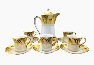 Vintage Japanese Porcelain Chocolate Tea Coffee Pot Cups Saucers Birds Swallows - Picture 1 of 10