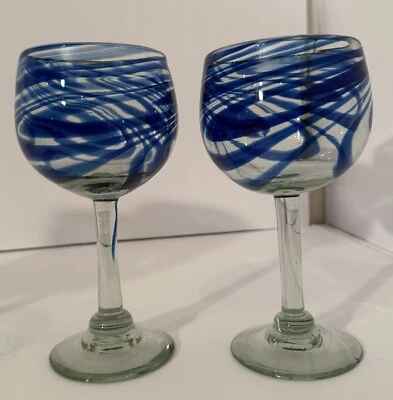 2件套手工吹制葡萄酒杯蓝色漩涡重型艺术玻璃-穆拉诺风格 — 第 1/4 张图片