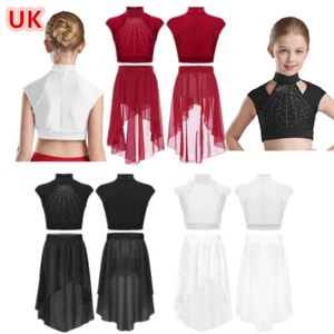 UK Girl's 2 Piece Sparkly Lyrical Dance Outfits Ballet Dress Crop Top and Skirts - Picture 1 of 29