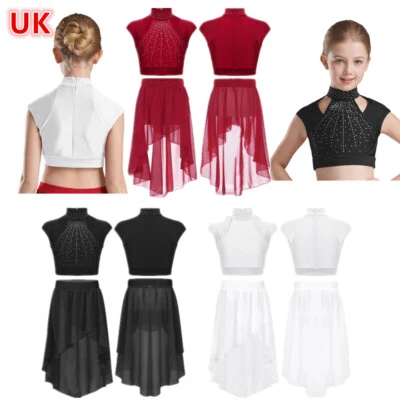 UK Girl's 2 Piece Sparkly Lyrical Dance Outfits Ballet Dress Crop Top and Skirts - Image 1 of 4