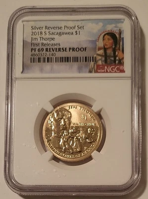 2018 S Native American Jim Thorpe Dollar Reverse Proof PF69 NGC FR Sacagawea - Image 1 of 2