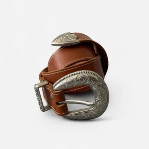 Brown leather western belt with silver buckle Us meco Paris - Picture 1 of 7