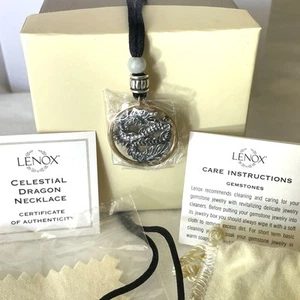 NEW Lenox 925 Sterling Silver Dragon w/Jade Silk Cord Necklace Gift Box & COA - Picture 1 of 8