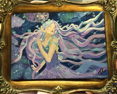 ACEO Original Art Card 2.5 x 3.5 Acrylic; Fairy, Girl, Whimsical - Image 1 of 4