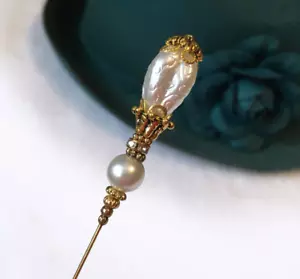 HATPIN with Stunning Baroque FAUX PEARL on Brass Finish Setting - 8 inch - Picture 1 of 12
