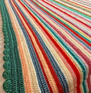 Vintage Handmade Crochet Striped Blanket 67" x 84" Multicolor with Green Trim - Picture 1 of 21
