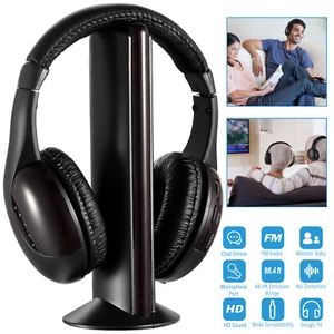 5 in 1 Over-Ear Wireless Headphones Headsets Mic for PC TV CD MP3 MP4 Cordless - Picture 1 of 12