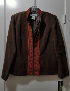 Jessica Howard Women's Brown/Orange Embroidered Faux Suede Jacket Size 16 - Picture 1 of 2