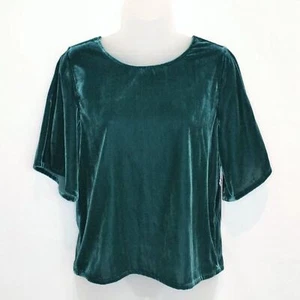 Chelsea28 Velvet Round Neck Top XS Ponderosa Green Flutter Sleeve NWT - Picture 1 of 8