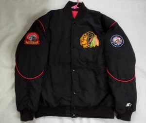 CHAQUETA DE COLECCIÓN RARA HECHA EN EE. UU. STARTER CHICAGO BLACKHAWKS ESTILO BOMBARDERO EN TALLA L - Imagen 1 de 10
