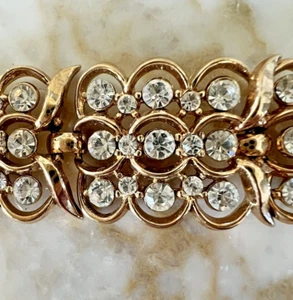 Vintage signiertes Trifari Armband glänzend Gold-Finish breit funkelnd klar Strass - Bild 1 von 6